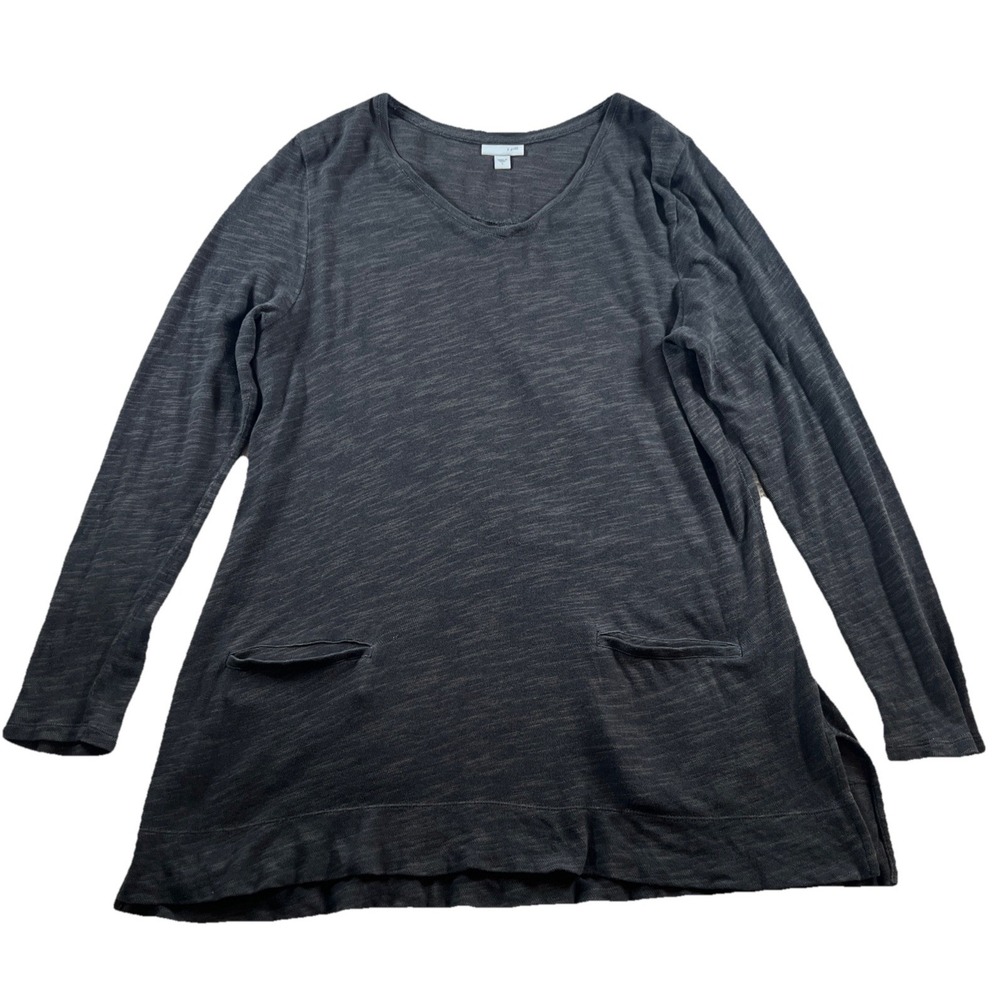J Jill Women's L Black Heather V-Neck Tunic Top Long Sleeve Casual Comfy Basic